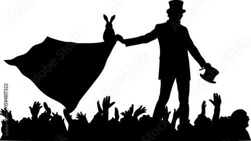 Silhouette of magician with top hat pulling rabbit from cape before cheering crowd in black and white