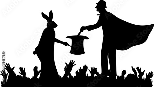 Silhouette of magician with top hat and cape performing magic trick with rabbit to audience hands reaching up
