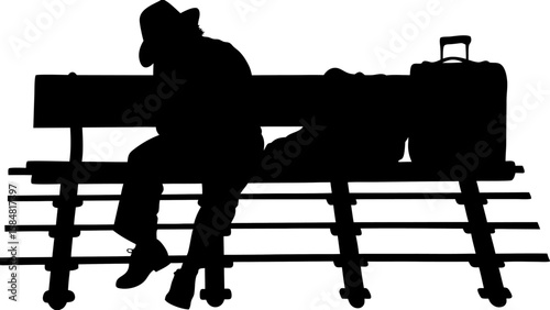 Silhouette of a man with a hat sitting on a bench with a suitcase on a train track in black and white