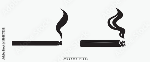 Black and white vector illustration of a smoking cigarette with smoke