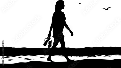 Silhouette of a woman walking barefoot on the beach holding sandals with birds flying in the background