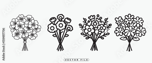 Two Simple Black and White Flower Bouquets Line Art Illustration