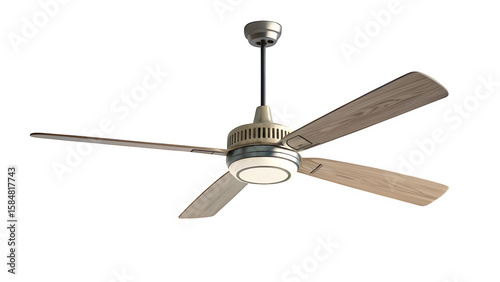 Modern ceiling fan with five wooden blades and integrated light isolated on transparent background