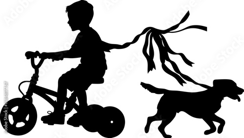 Silhouette of a boy riding a tricycle with streamers attached and a dog running alongside it happily