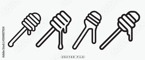 Honey dipper outline icons with dripping honey on a white background