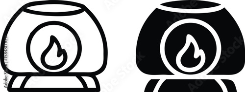 Essential Oil Burner Icon Set – Black and White Aromatherapy Diffuser Flame Vector