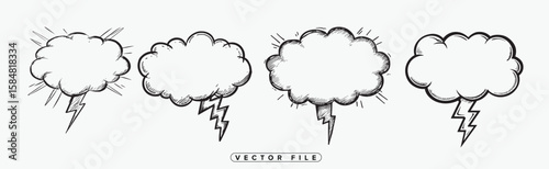 Hand Drawn Clouds with Lightning Bolts Weather Vector Illustration