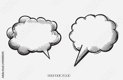 Two Comic Style Speech Bubbles with Halftone Shading and Black Outlines