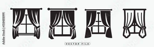 Black and White Window Curtains Vector Illustration for Interior Design