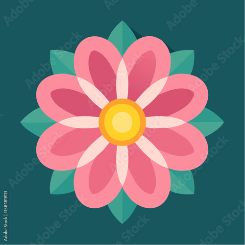 Flat pink flower with yellow center on green background in bold abstract vector style.