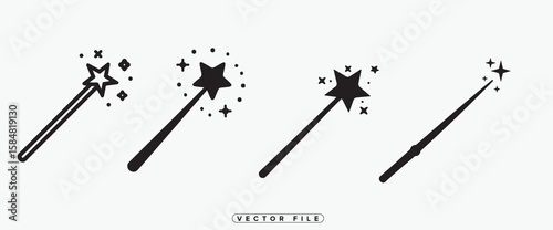 Magic Wand Icon Set Vector Illustration in Black and White