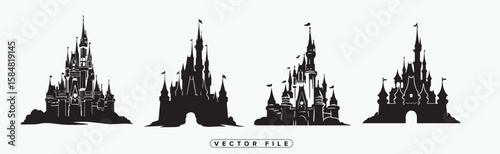 Two Fantasy Castle Silhouettes on a White Background Vector Illustration
