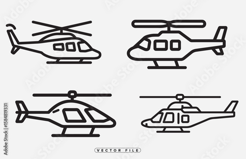 Helicopter Outline Icons Set Vector Illustration Aviation Transport Air Vehicle