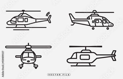 Helicopter Icons Set Black Line Art Vector Illustration on White Background