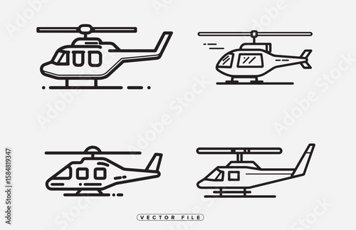 Helicopter Icons in Line Style Vector Illustration of Different Helicopters