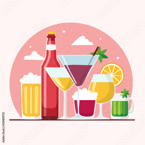 Colorful vector set of assorted cocktails and drinks in various glasses on pink background.