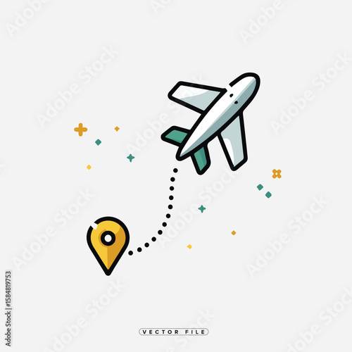 Airplane Flying to Destination Point Travel Route Icon Illustration