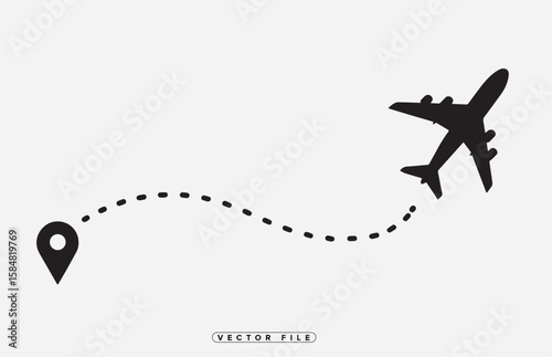 Airplane Taking Off with Dotted Line Path Black and White Vector