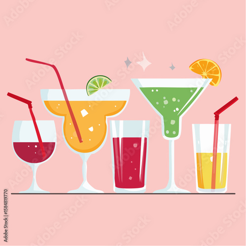 Colorful vector set of assorted cocktails and drinks in various glasses on pink background.