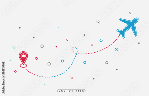 Airplane Route with Dotted Lines and Confetti on White Background