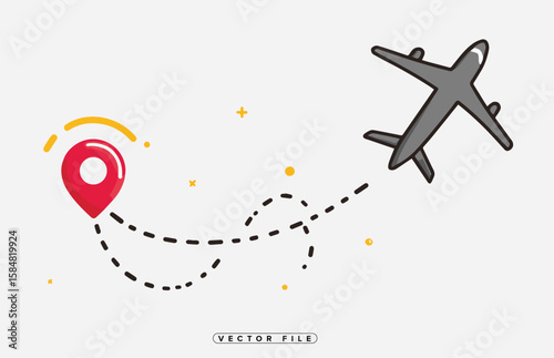 Airplane Flying to Destination Point on Map with Dotted Line
