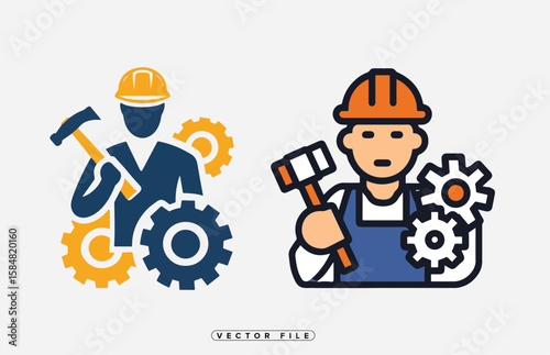 Two stylized workers with gears one holding a hammer vector illustration