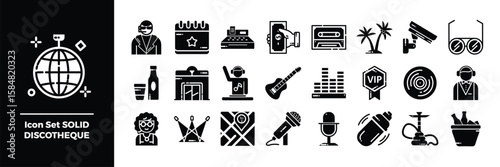 Solid Black Icon Set Representing Discotheque and Clubbing.