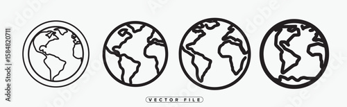 Two Globe Icons Showing Continents in Black Outline Vector Illustration
