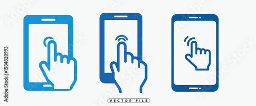 Blue Mobile Phone Touch Screen with Hand Vector Icon Illustration