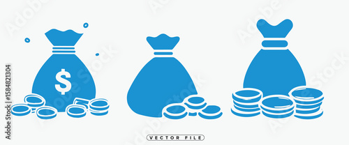 Blue Money Bag and Coins Vector Illustration on White Background