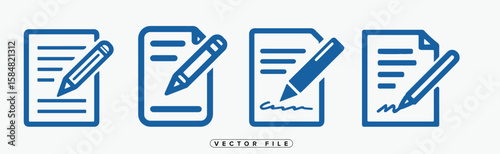 Blue Line Art Icons of Signing Documents and Taking Notes