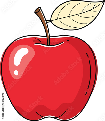 A single, ripe red apple with a leaf and stem, illustrated in a simple, cartoonish style.