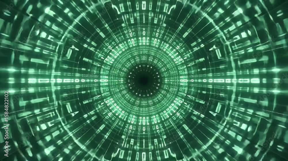 A glowing green tunnel is featured in an abstract illustration. Lines of light create concentric circles around a central dark point