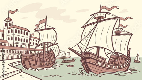 Vintage sailing ships illustration with historic vessels and coastal city harbor drawing art vector design