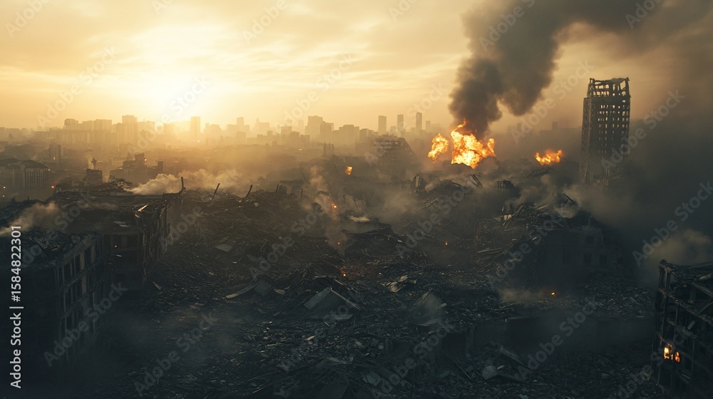 Fototapeta premium Destructive Cityscape at Sunset Aerial View of Burning Buildings and Ruins