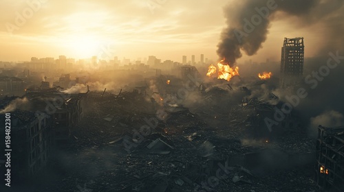 Destructive Cityscape at Sunset Aerial View of Burning Buildings and Ruins
