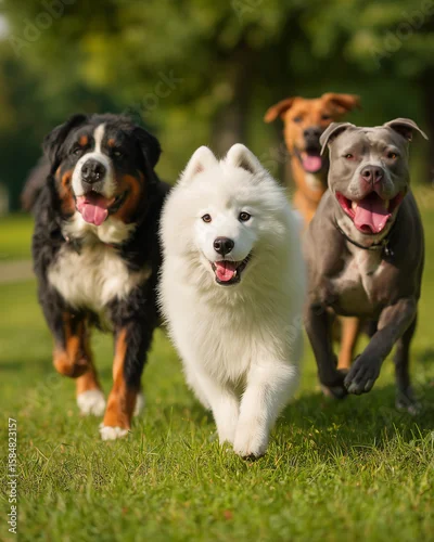 Tapety Kilka psów różnych ras biega razem, radośnie się bawiąc na świeżym powietrzu. Pełne energii i szczęścia chwile wspólnej zabawy.