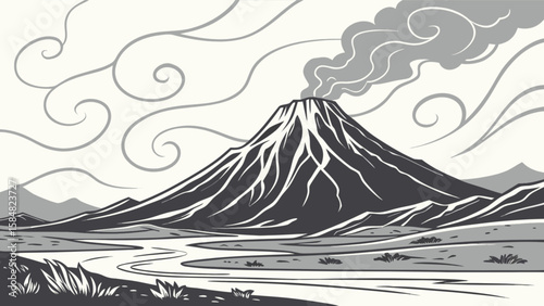 Volcanic landscape illustration of mountain with smoke and river in black and white drawing style design