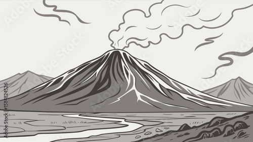 Explore the majestic volcano landscape with river and mountains in monochrome illustration style art