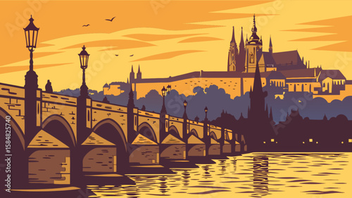 Prague czech republic travel destination landscape view of charles bridge and prague castle skyline art