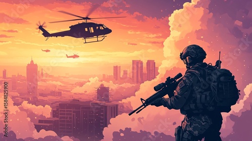 Pixel Art Silhouette of Soldier with Helicopter over City at Sunset