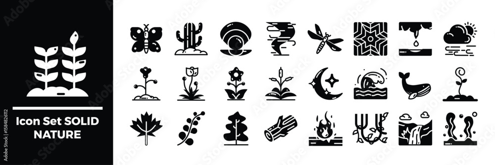 Naklejka premium Solid Style Nature Icons Set Featuring Plants, Animals, and Natural Elements.