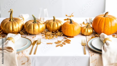 Elegant Thanksgiving Table Setting with Golden Pumpkins and Festive Decor