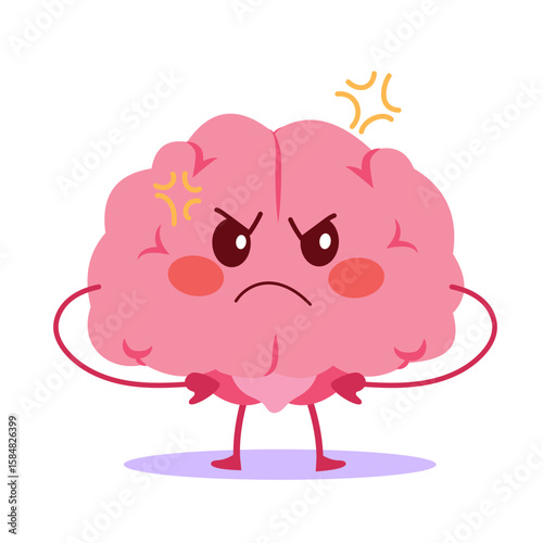 A cartoon brain character with an angry expression, symbolizing stress, frustration, and mental overload. Illustration for health, education or psychology concepts