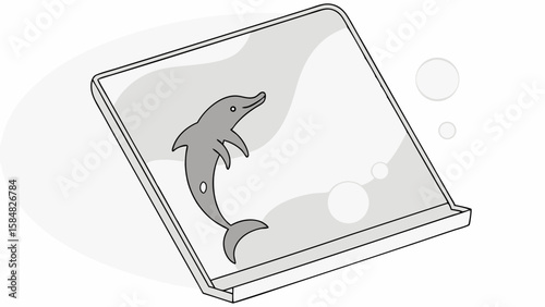Vector Rectangular piece of translucent glass with dolphin illustration, evoking sense of playfulness