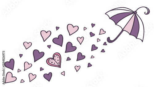Vector Whimsical Umbrella releases cascade of purple and pink hearts, creating joyful scene