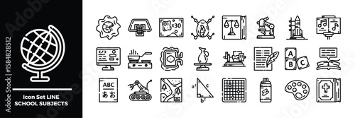 Educational Line Icon Set Representing Various School Subjects and Learning Tools.