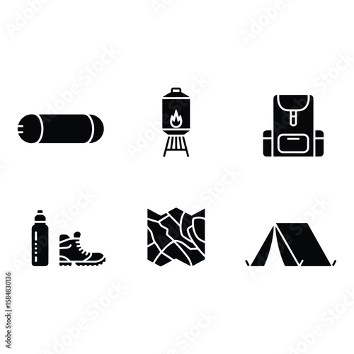 Collection of camping and hiking equipment silhouettes isolated on white background