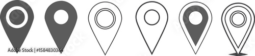 Collection of six different map pin location icons in gray and outline styles