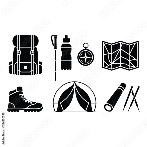 Collection of camping and hiking gear silhouettes isolated on white background silhouette